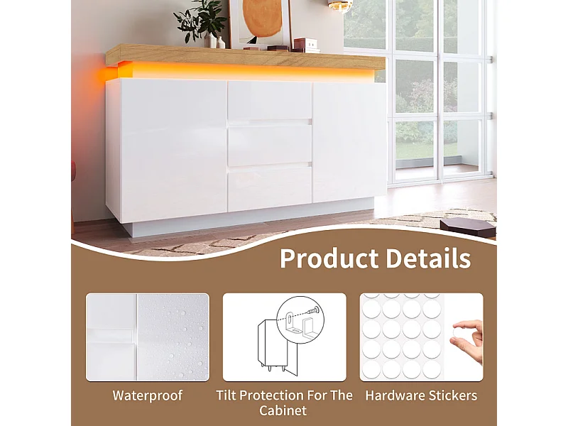 Commode 3 tiroirs - avec réglables LED et étagères - 2 portes - brillant - Blanc - 140x39x81cm