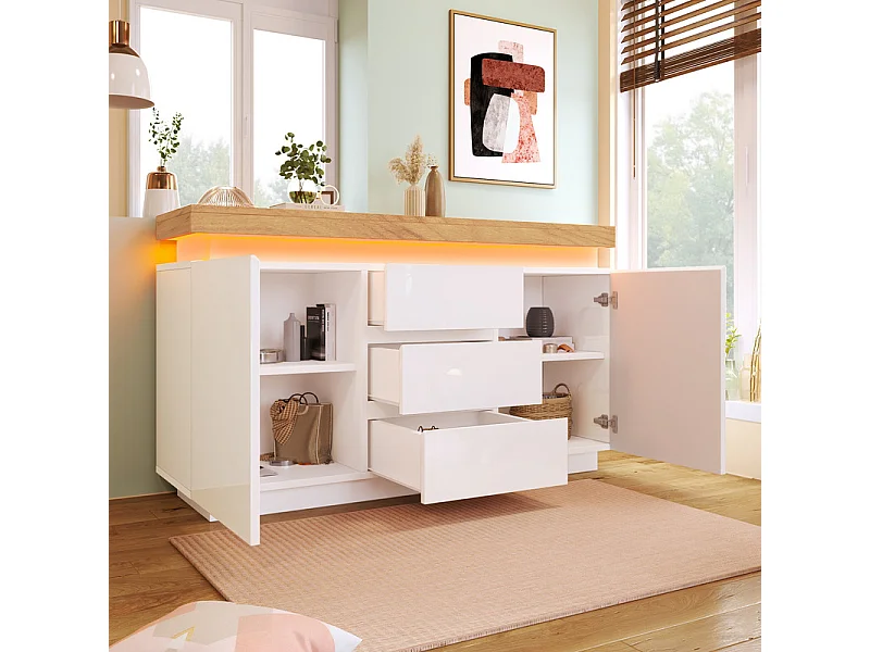 Commode 3 tiroirs - avec réglables LED et étagères - 2 portes - brillant - Blanc - 140x39x81cm