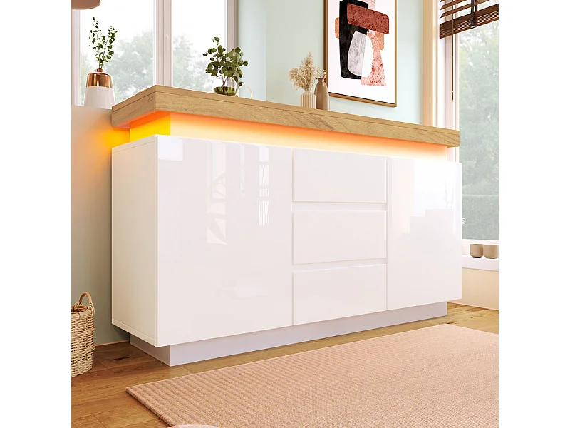 Commode 3 tiroirs - avec réglables LED et étagères - 2 portes - brillant - Blanc - 140x39x81cm