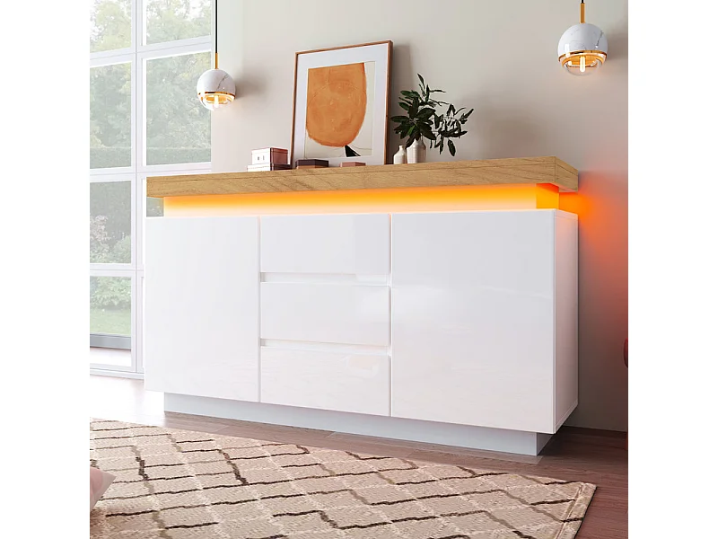Commode 3 tiroirs - avec réglables LED et étagères - 2 portes - brillant - Blanc - 140x39x81cm