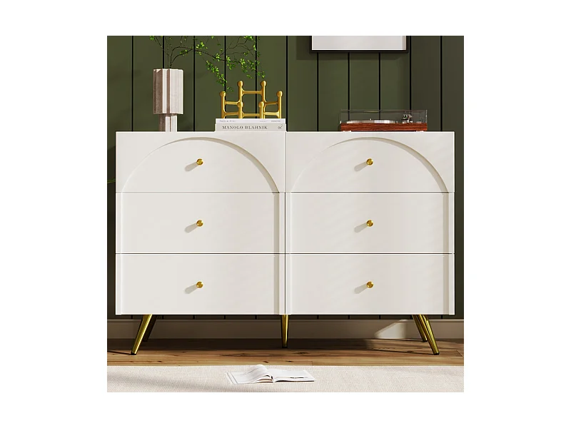 Commode 6 tiroirs - avec pieds en métal - façades de tiroirs galbées - Blanc - 120x40x85cm