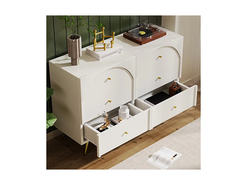 Commode 6 tiroirs - avec pieds en métal - façades de tiroirs galbées - Blanc - 120x40x85cm