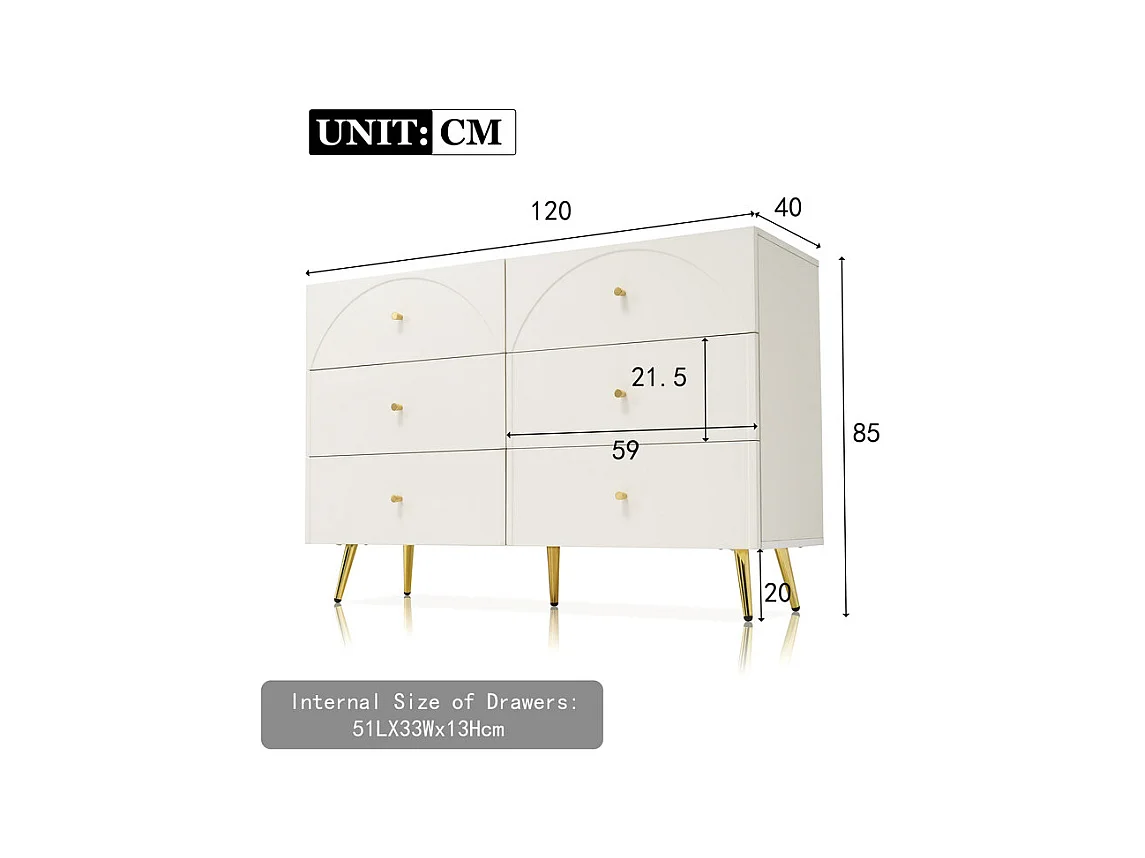 Commode 6 tiroirs - avec pieds en métal - façades de tiroirs galbées - Blanc - 120x40x85cm