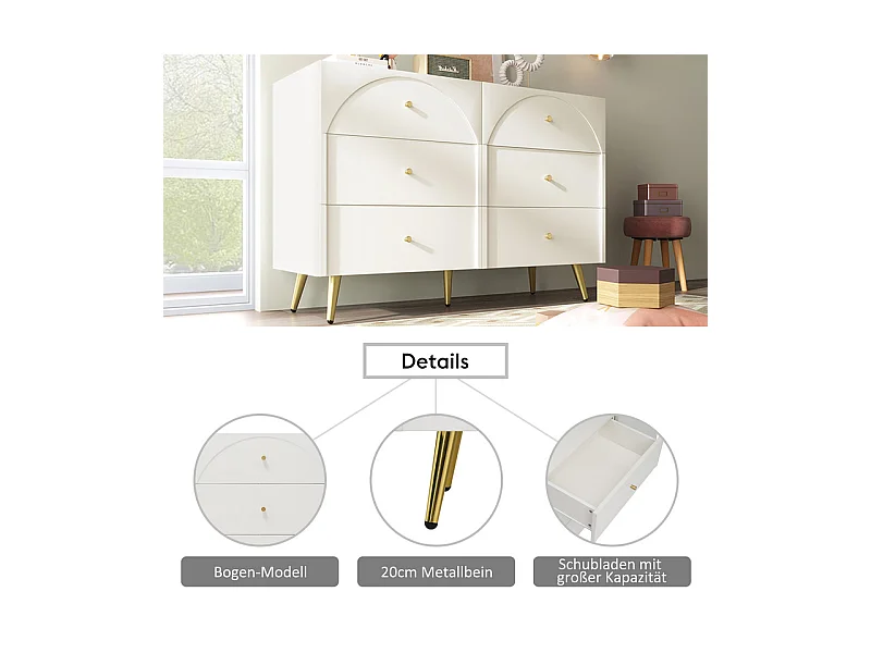 Commode 6 tiroirs - avec pieds en métal - façades de tiroirs galbées - Blanc - 120x40x85cm