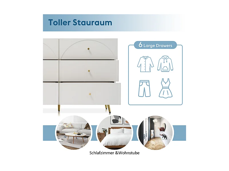 Commode 6 tiroirs - avec pieds en métal - façades de tiroirs galbées - Blanc - 120x40x85cm