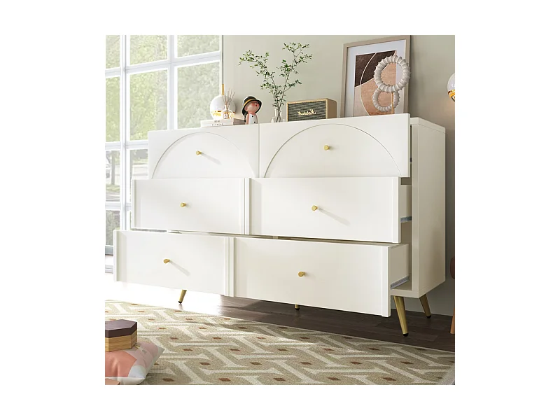 Commode 6 tiroirs - avec pieds en métal - façades de tiroirs galbées - Blanc - 120x40x85cm