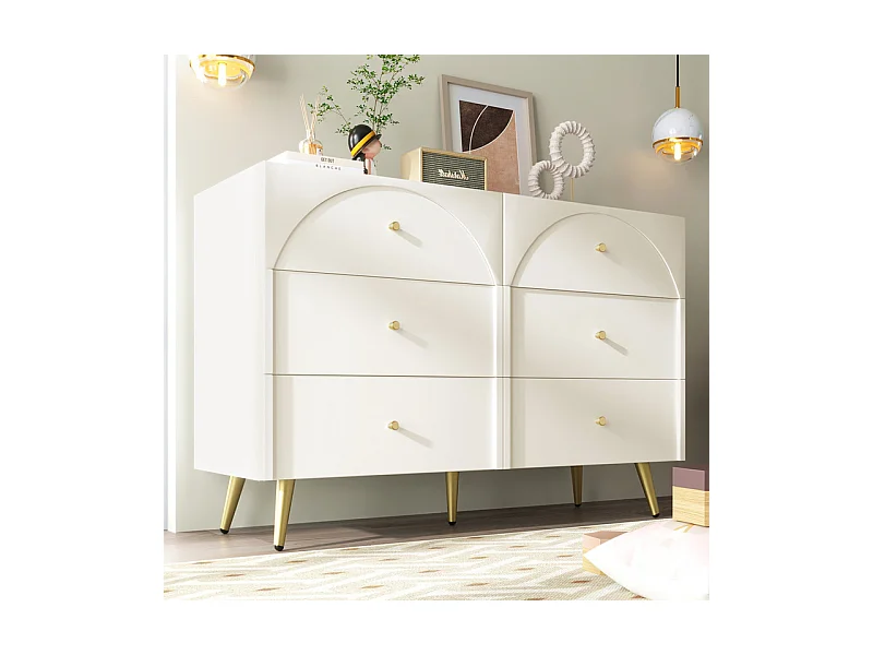 Commode 6 tiroirs - avec pieds en métal - façades de tiroirs galbées - Blanc - 120x40x85cm