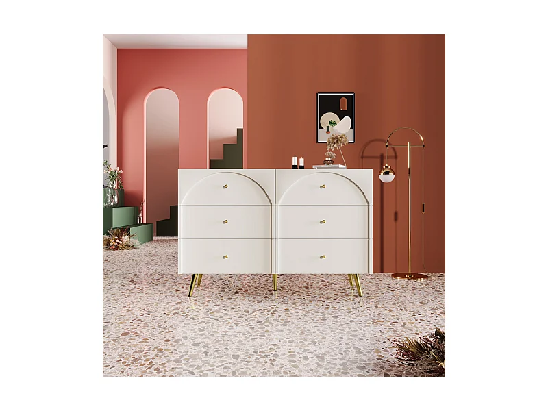 Commode 6 tiroirs - avec pieds en métal - façades de tiroirs galbées - Blanc - 120x40x85cm