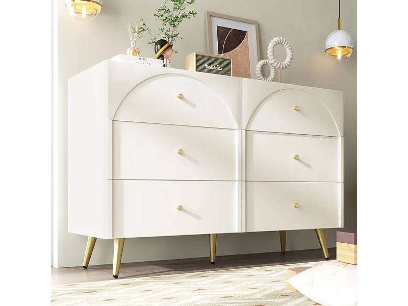 Commode 6 tiroirs - avec pieds en métal - façades de tiroirs galbées - Blanc - 120x40x85cm