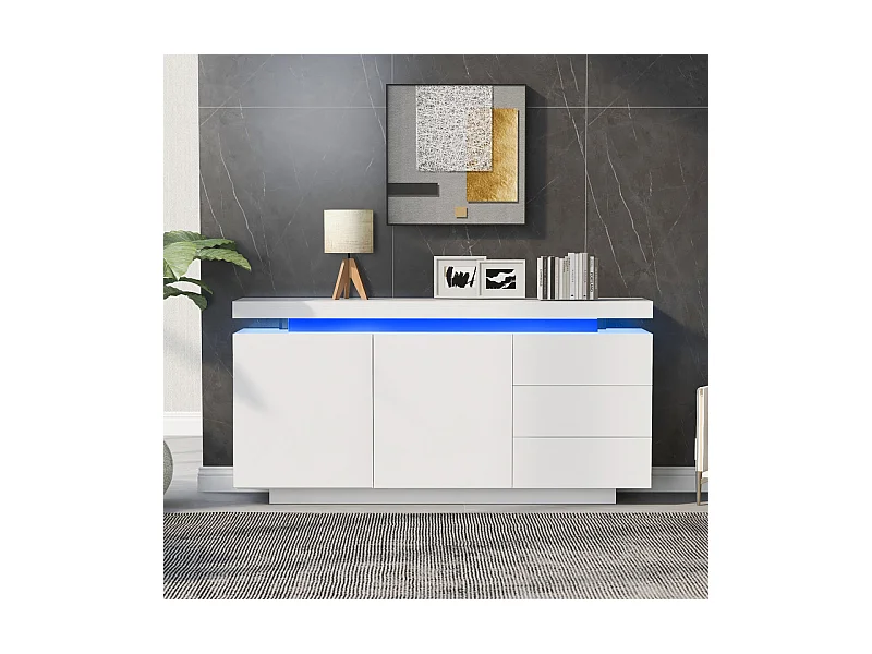 Commode 3 tiroirs - avec RGB LED et 2 portes - sans poignée - brillant - Blanc - 140x38x72cm