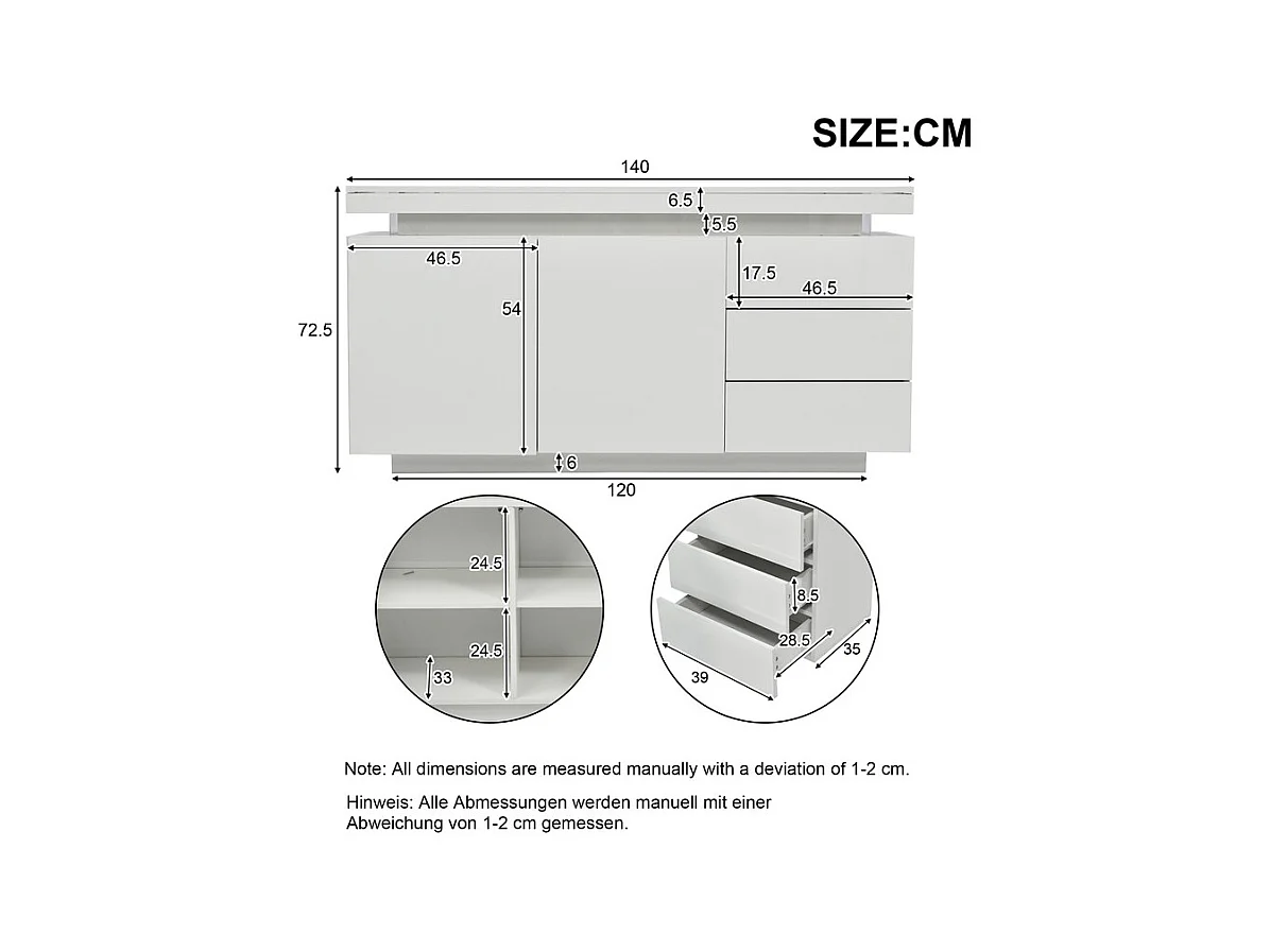 Commode 3 tiroirs - avec RGB LED et 2 portes - sans poignée - brillant - Blanc - 140x38x72cm