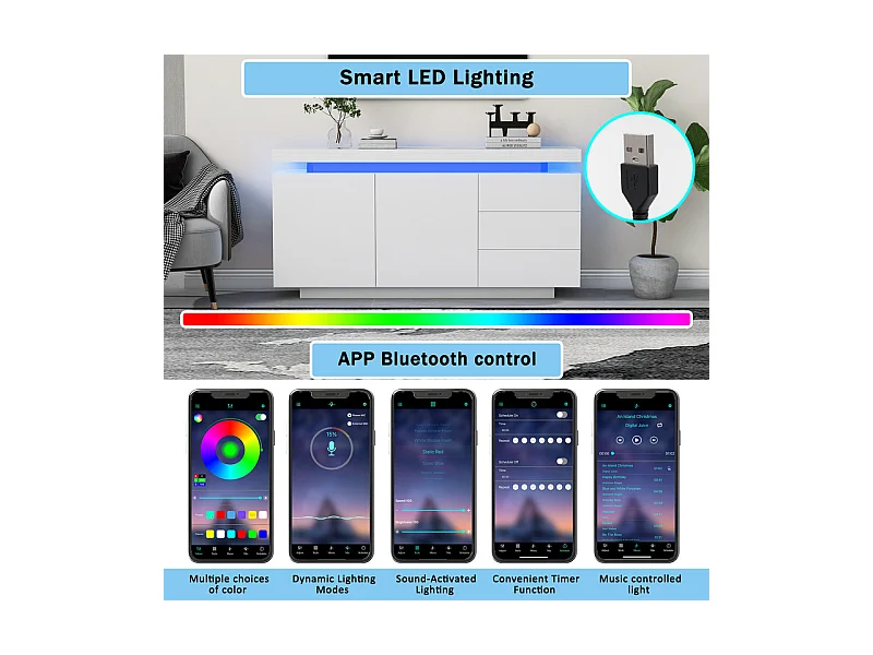 Commode 3 tiroirs - avec RGB LED et 2 portes - sans poignée - brillant - Blanc - 140x38x72cm