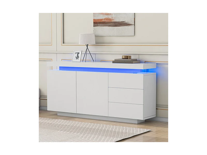 Commode 3 tiroirs - avec RGB LED et 2 portes - sans poignée - brillant - Blanc - 140x38x72cm