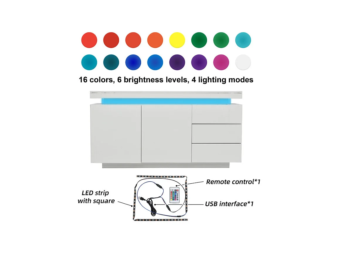 Commode 3 tiroirs - avec RGB LED et 2 portes - sans poignée - brillant - Blanc - 140x38x72cm