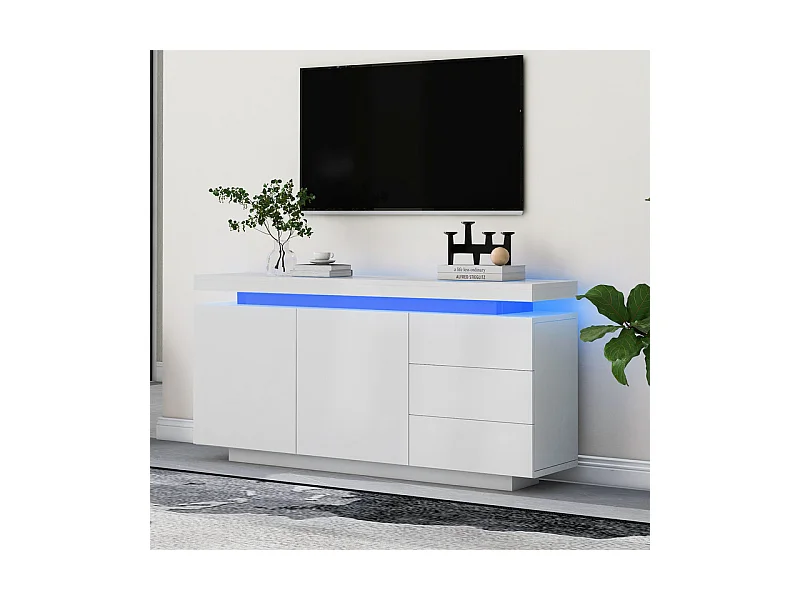 Commode 3 tiroirs - avec RGB LED et 2 portes - sans poignée - brillant - Blanc - 140x38x72cm