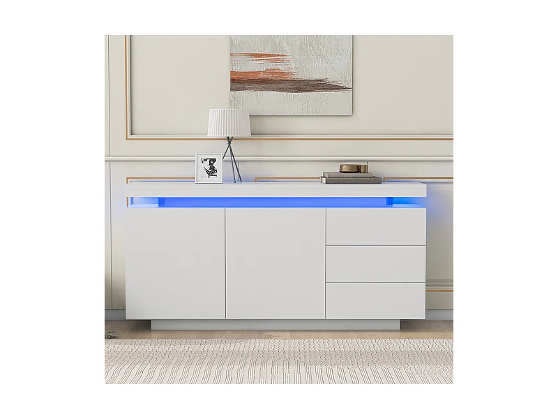 Commode 3 tiroirs - avec RGB LED et 2 portes - sans poignée - brillant - Blanc - 140x38x72cm