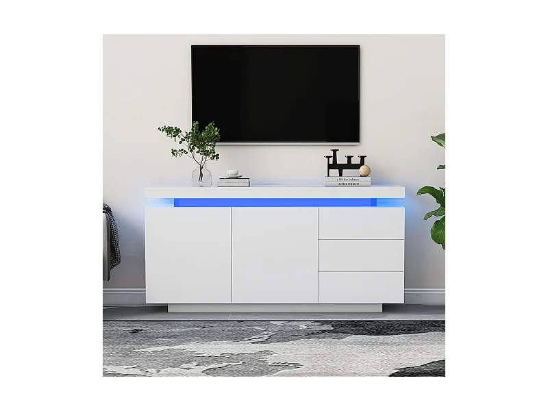 Commode 3 tiroirs - avec RGB LED et 2 portes - sans poignée - brillant - Blanc - 140x38x72cm
