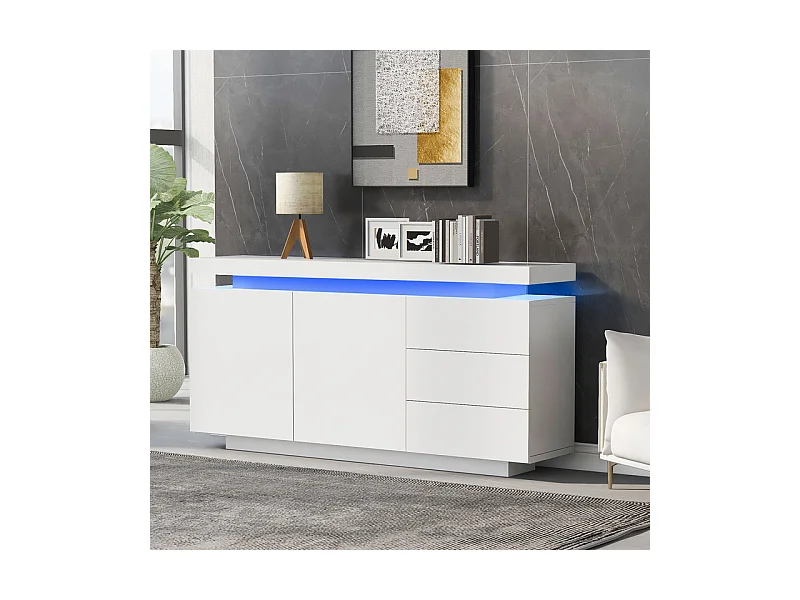 Commode 3 tiroirs - avec RGB LED et 2 portes - sans poignée - brillant - Blanc - 140x38x72cm