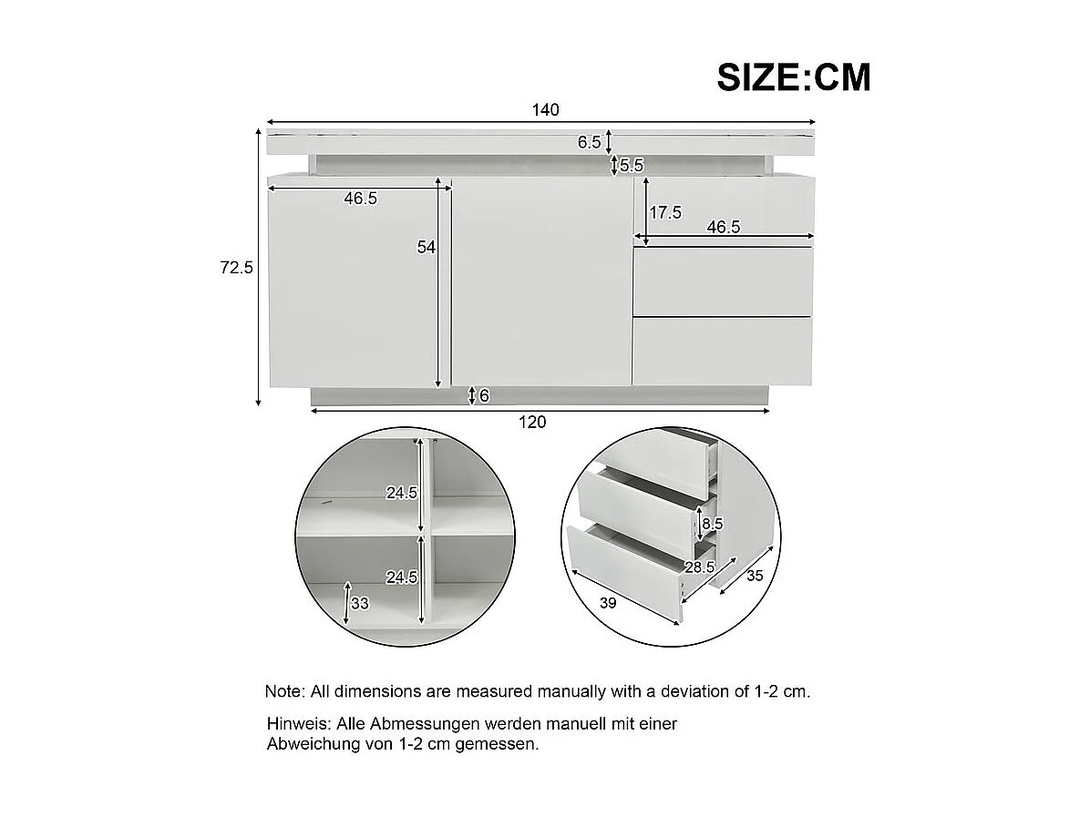 Commode 3 tiroirs - avec RGB LED et 2 portes - sans poignée - brillant - Blanc - 140x38x72cm