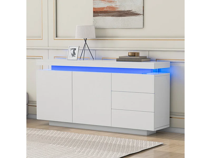 Commode 3 tiroirs - avec RGB LED et 2 portes - sans poignée - brillant - Blanc - 140x38x72cm
