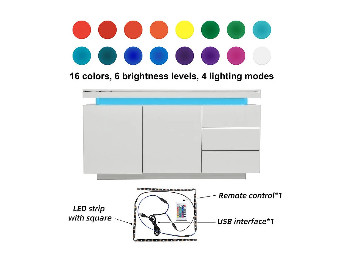Commode 3 tiroirs - avec RGB LED et 2 portes - sans poignée - brillant - Blanc - 140x38x72cm