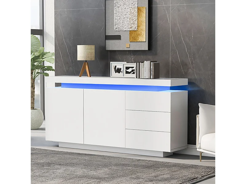 Commode 3 tiroirs - avec RGB LED et 2 portes - sans poignée - brillant - Blanc - 140x38x72cm