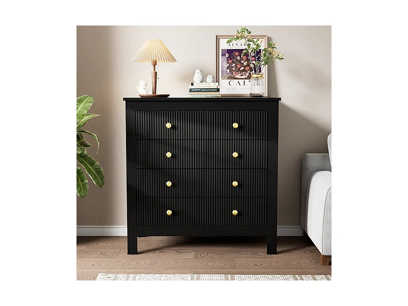 Commode 5 tiroirs - avec poignées dorées - pieds épaissis - Noir - 79x39,5x80,5cm