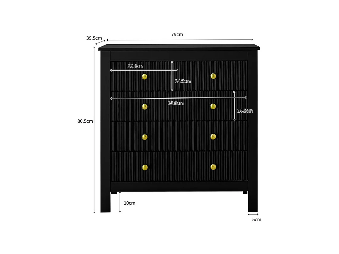 Commode 5 tiroirs - avec poignées dorées - pieds épaissis - Noir - 79x39,5x80,5cm