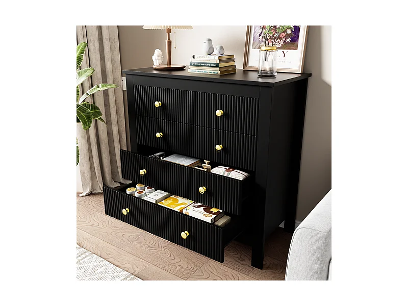 Commode 5 tiroirs - avec poignées dorées - pieds épaissis - Noir - 79x39,5x80,5cm