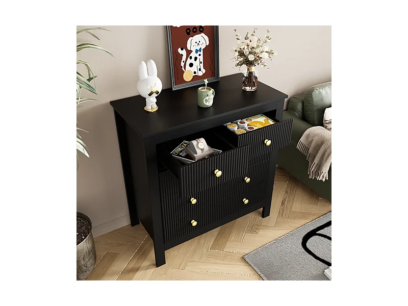 Commode 5 tiroirs - avec poignées dorées - pieds épaissis - Noir - 79x39,5x80,5cm