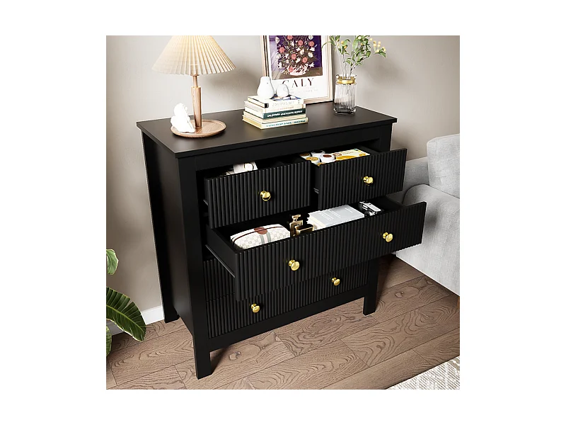 Commode 5 tiroirs - avec poignées dorées - pieds épaissis - Noir - 79x39,5x80,5cm