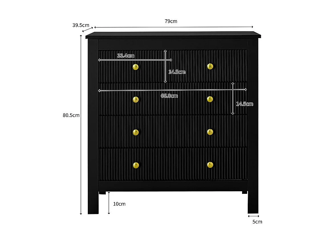 Commode 5 tiroirs - avec poignées dorées - pieds épaissis - Noir - 79x39,5x80,5cm