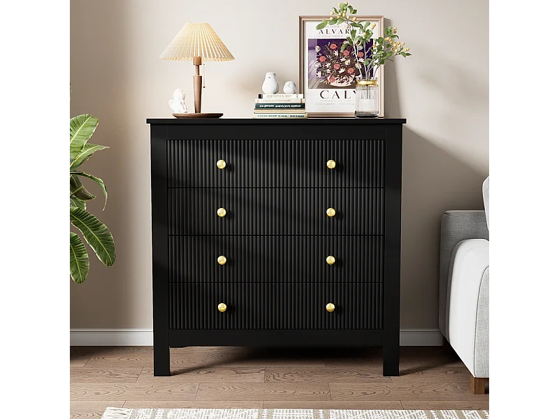 Cômoda 5 Gavetas - com Puxadores Dourados - Pés Reforçados - Preto 79x39.5x80.5cm