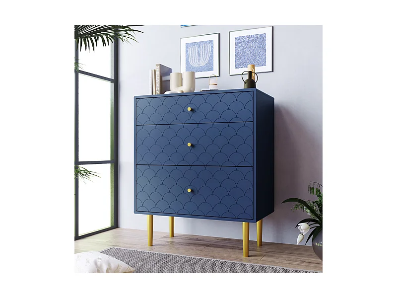 Commode 3 tiroirs, espaces de rangement de différentes profondeurs, coins arrondis, Bleu, 75x40x89cm