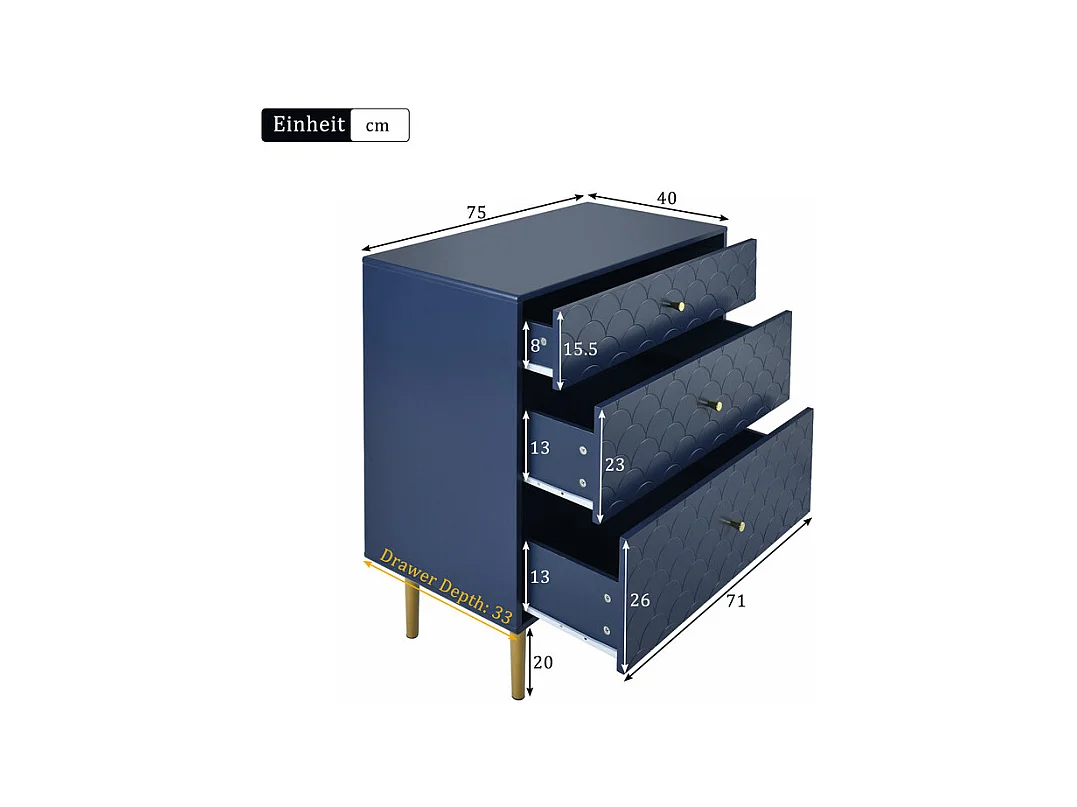 Commode 3 tiroirs, espaces de rangement de différentes profondeurs, coins arrondis, Bleu, 75x40x89cm