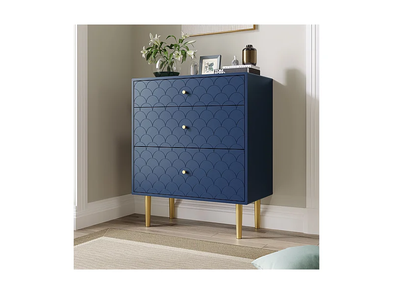 Commode 3 tiroirs, espaces de rangement de différentes profondeurs, coins arrondis, Bleu, 75x40x89cm