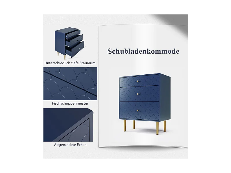 Commode 3 tiroirs, espaces de rangement de différentes profondeurs, coins arrondis, Bleu, 75x40x89cm