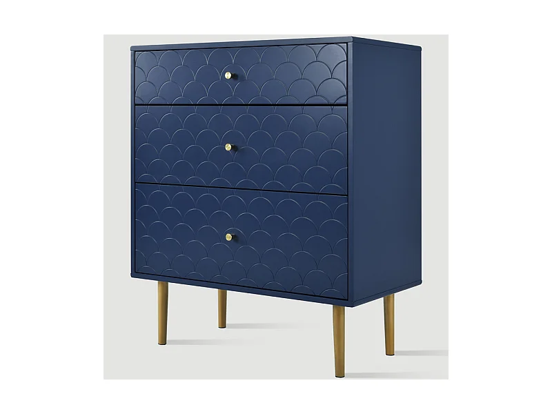 Commode 3 tiroirs, espaces de rangement de différentes profondeurs, coins arrondis, Bleu, 75x40x89cm