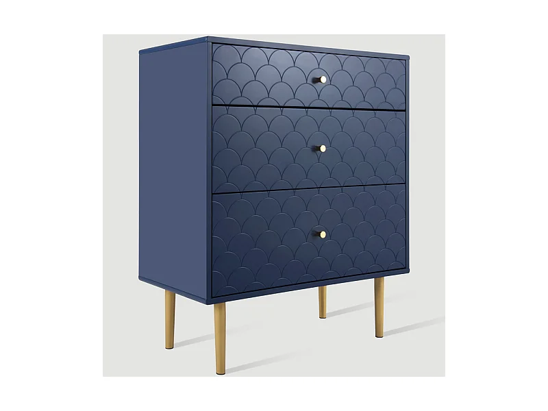 Commode 3 tiroirs, espaces de rangement de différentes profondeurs, coins arrondis, Bleu, 75x40x89cm