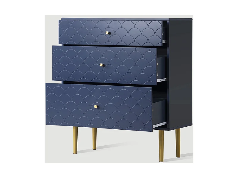 Commode 3 tiroirs, espaces de rangement de différentes profondeurs, coins arrondis, Bleu, 75x40x89cm
