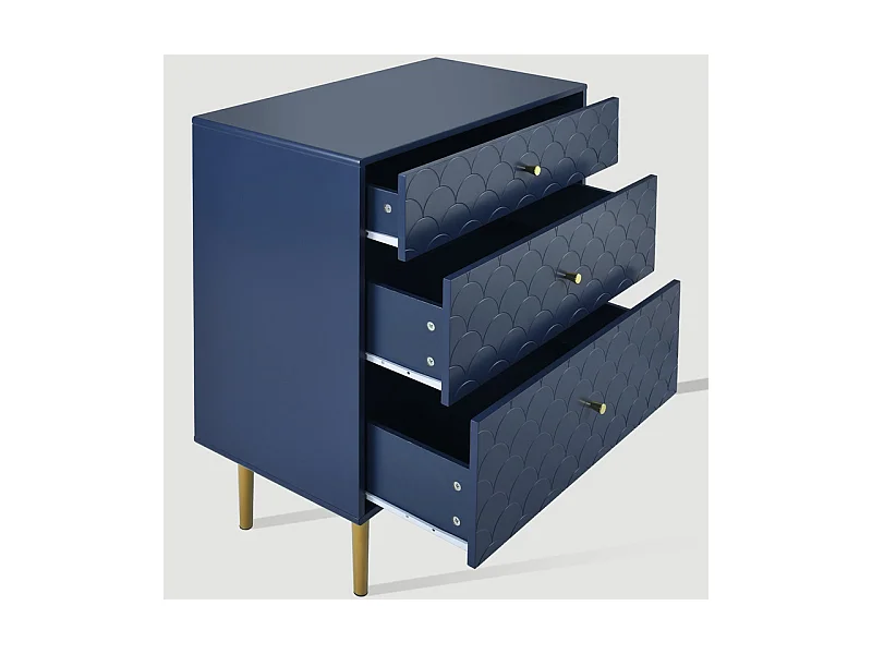 Commode 3 tiroirs, espaces de rangement de différentes profondeurs, coins arrondis, Bleu, 75x40x89cm