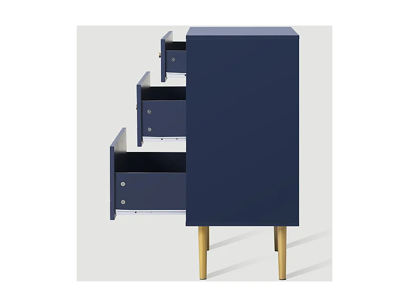 Commode 3 tiroirs, espaces de rangement de différentes profondeurs, coins arrondis, Bleu, 75x40x89cm