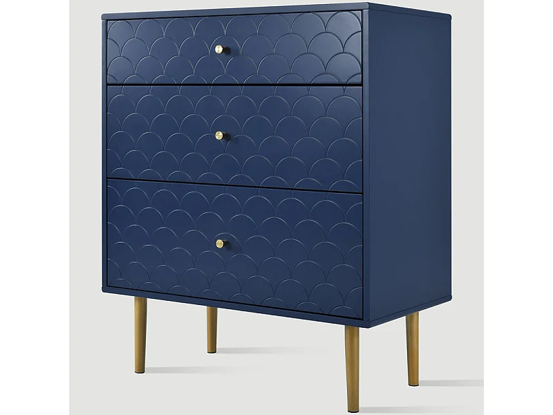 Commode 3 tiroirs, espaces de rangement de différentes profondeurs, coins arrondis, Bleu, 75x40x89cm