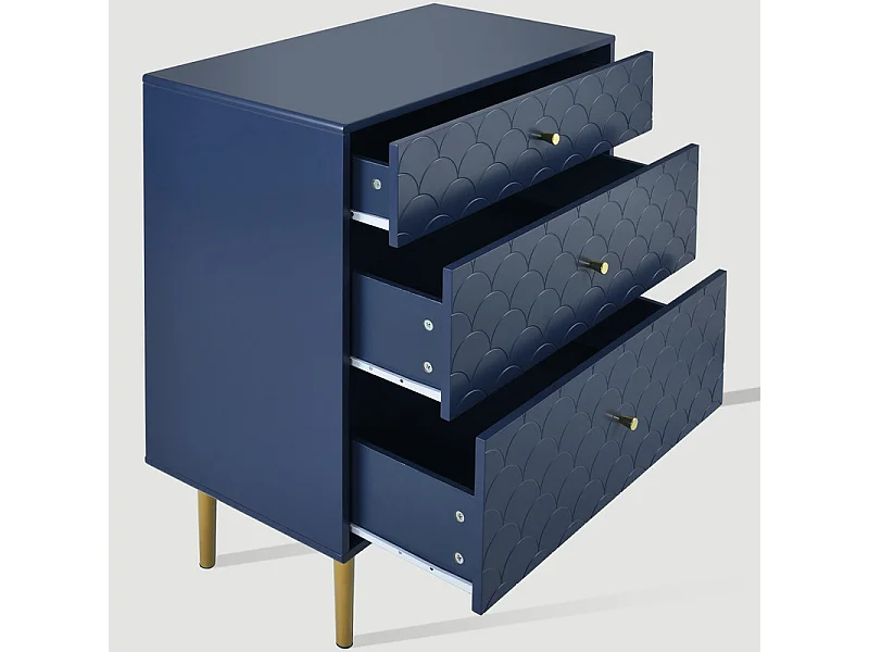 Commode 3 tiroirs, espaces de rangement de différentes profondeurs, coins arrondis, Bleu, 75x40x89cm
