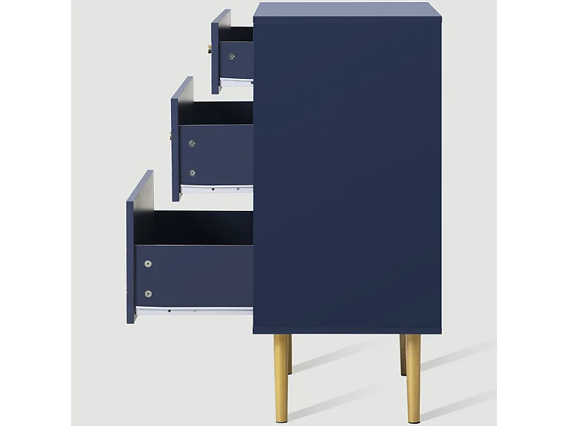 Commode 3 tiroirs, espaces de rangement de différentes profondeurs, coins arrondis, Bleu, 75x40x89cm