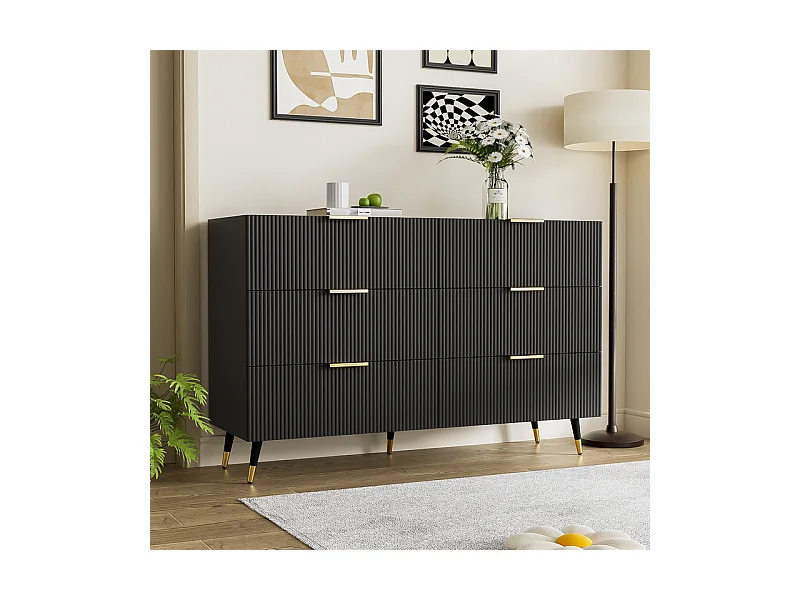Commode 6 tiroirs - avec aux poignées et aux pieds dorés - surface ondulée - Noir - 120x40x77cm