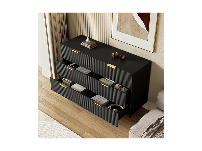 Commode 6 tiroirs - avec aux poignées et aux pieds dorés - surface ondulée - Noir - 120x40x77cm