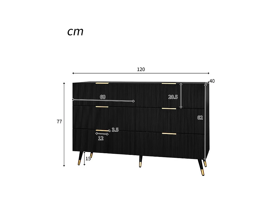 Commode 6 tiroirs - avec aux poignées et aux pieds dorés - surface ondulée - Noir - 120x40x77cm