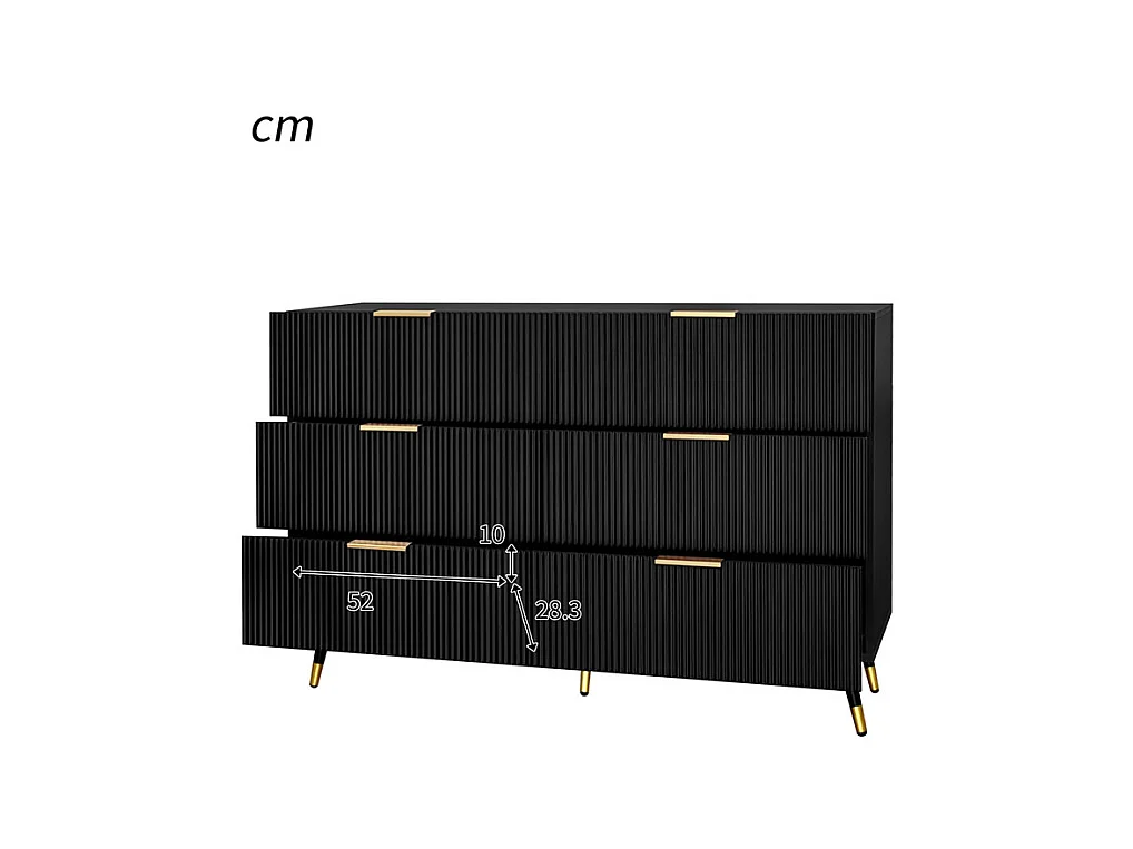 Commode 6 tiroirs - avec aux poignées et aux pieds dorés - surface ondulée - Noir - 120x40x77cm
