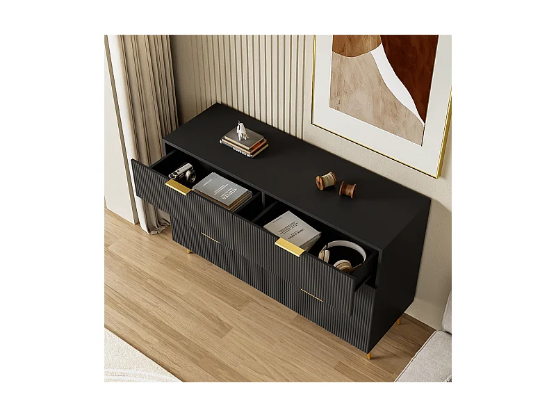 Commode 6 tiroirs - avec aux poignées et aux pieds dorés - surface ondulée - Noir - 120x40x77cm